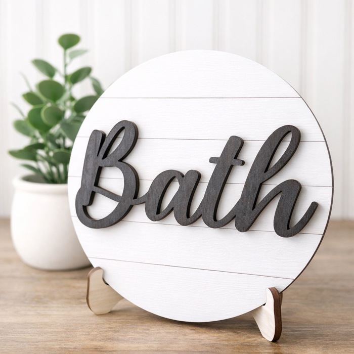 Bath Sign Bathroom Decor | Farmhouse Bathroom Sign | Round Wood Bath Sign | Bathroom Shelf Decor | Rustic Modern Bathroom Decoration