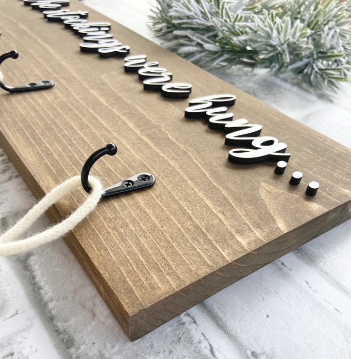 And the stockings were hung, Stocking hanger, Wooden stocking sign with hooks, wall stocking sign hanger, stocking display