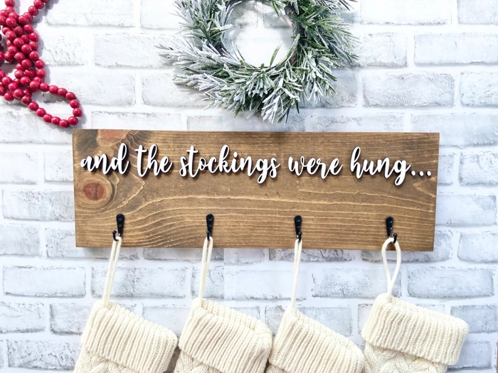 And the stockings were hung, Stocking hanger, Wooden stocking sign with hooks, wall stocking sign hanger, stocking display