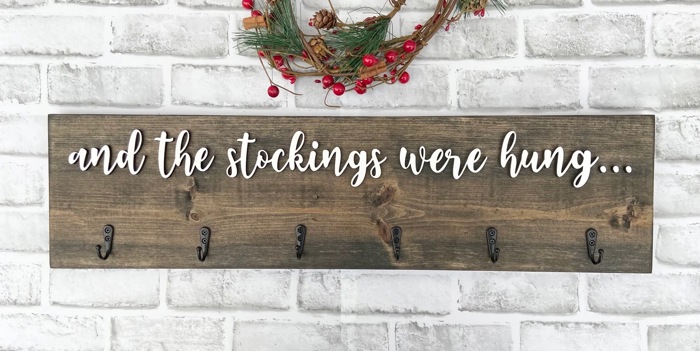 And the stockings were hung, Stocking hanger, Wooden stocking sign with hooks, wall stocking sign hanger, stocking display
