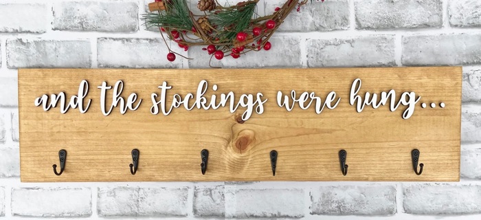 And the stockings were hung, Stocking hanger, Wooden stocking sign with hooks, wall stocking sign hanger, stocking display