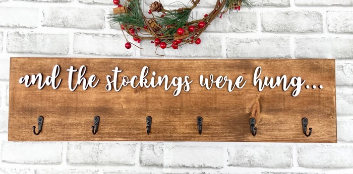 And the stockings were hung, Stocking hanger, Wooden stocking sign with hooks, wall stocking sign hanger, stocking display