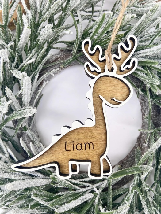 Personalized Dinosaur Christmas Ornament, Dinosaur Reindeer Custom Wood Ornament, Custom Dinosaur Tag, Stocking Tag for Kids