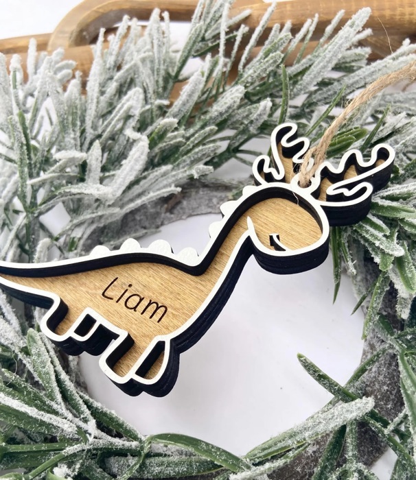 Personalized Dinosaur Christmas Ornament, Dinosaur Reindeer Custom Wood Ornament, Custom Dinosaur Tag, Stocking Tag for Kids