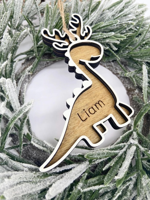 Personalized Dinosaur Christmas Ornament, Dinosaur Reindeer Custom Wood Ornament, Custom Dinosaur Tag, Stocking Tag for Kids