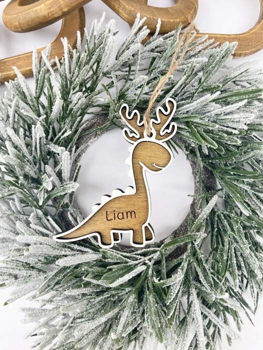 Personalized Dinosaur Christmas Ornament, Dinosaur Reindeer Custom Wood Ornament, Custom Dinosaur Tag, Stocking Tag for Kids