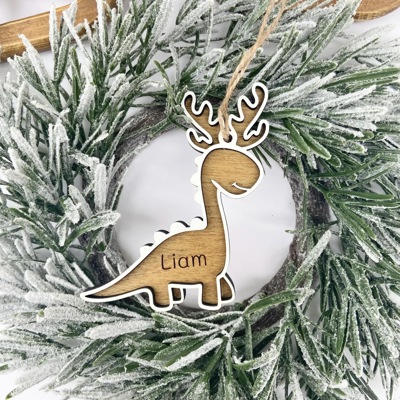 Personalized Dinosaur Christmas Ornament, Dinosaur Reindeer Custom Wood Ornament, Custom Dinosaur Tag, Stocking Tag for Kids