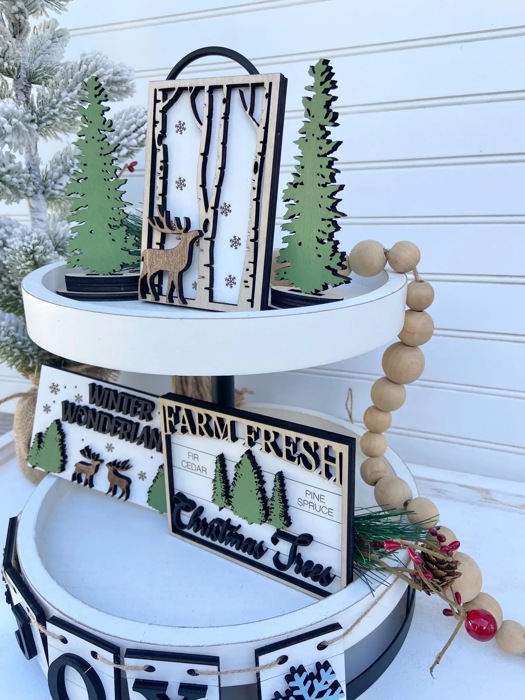 Christmas Tiered Tray, Farmhouse Christmas Tiered Tray, Farm Fresh Christmas Tress Tiered Tray