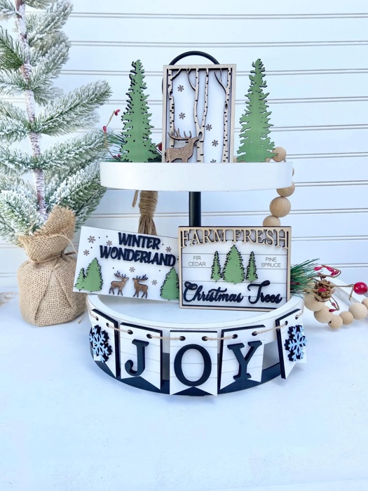 Christmas Tiered Tray, Farmhouse Christmas Tiered Tray, Farm Fresh Christmas Tress Tiered Tray