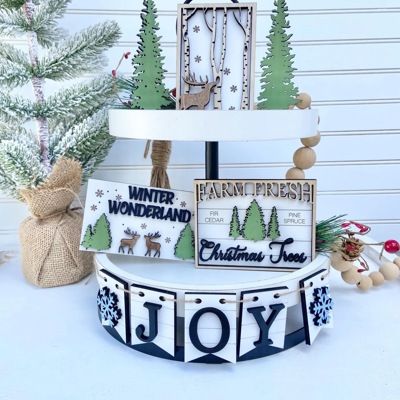 Christmas Tiered Tray, Farmhouse Christmas Tiered Tray, Farm Fresh Christmas Tress Tiered Tray