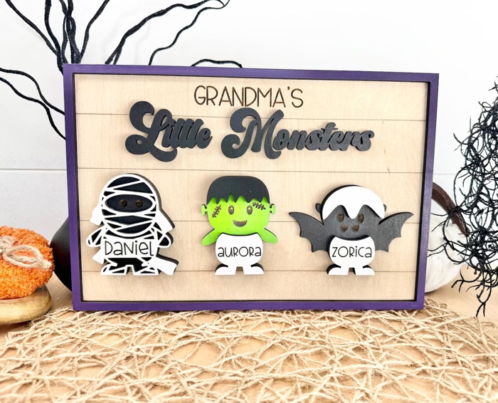 Personalized Halloween Signs, Personalized Kids Grandkids Halloween Shelf Sitters, Our Little Monster, Grandkids Signs, Halloween Home Decor