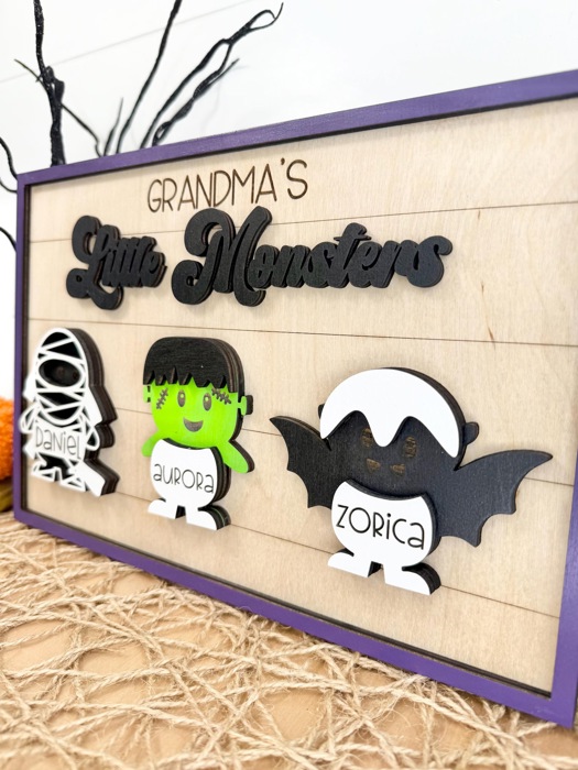 Personalized Halloween Signs, Personalized Kids Grandkids Halloween Shelf Sitters, Our Little Monster, Grandkids Signs, Halloween Home Decor
