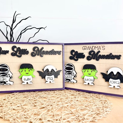 Personalized Halloween Signs, Personalized Kids Grandkids Halloween Shelf Sitters, Our Little Monster, Grandkids Signs, Halloween Home Decor