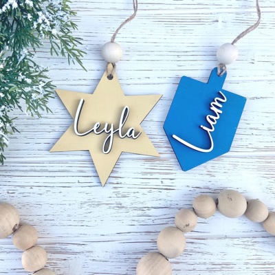 Hanukkah Name Tags, Wooden Hanukkah Name Tags, Dreidel Tags, Hanukkah Gift Tag, Hanukkah Bush Ornaments