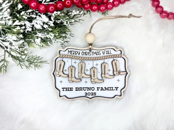 Custom Cowboy Christmas Wooden Ornament, Personalized Family Names Ornament, Christmas Western Family Gifts