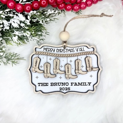 Custom Cowboy Christmas Wooden Ornament, Personalized Family Names Ornament, Christmas Western Family Gifts
