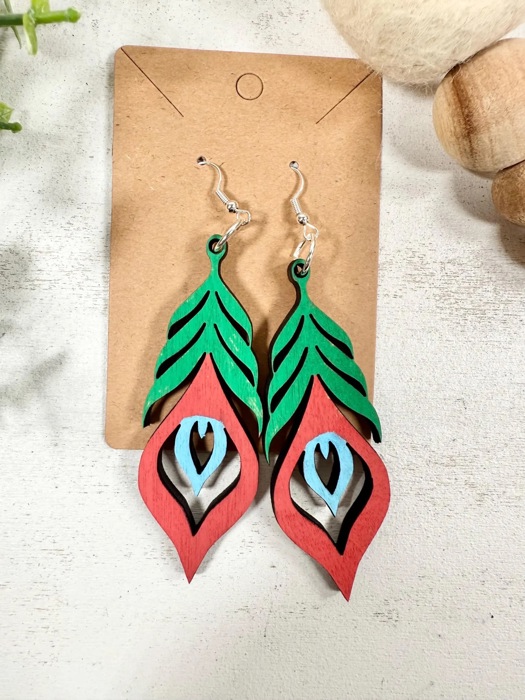 Wooden Peacock Feather Earrings, Dangle Earrings, Gift For Her, Teacher Application Gift, Boho Earrings