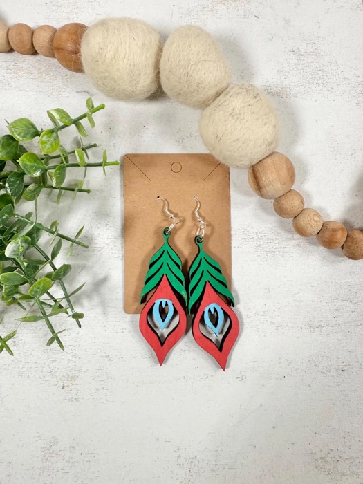 Wooden Peacock Feather Earrings, Dangle Earrings, Gift For Her, Teacher Application Gift, Boho Earrings