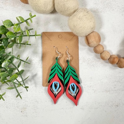 Wooden Peacock Feather Earrings, Dangle Earrings, Gift For Her, Teacher Application Gift, Boho Earrings