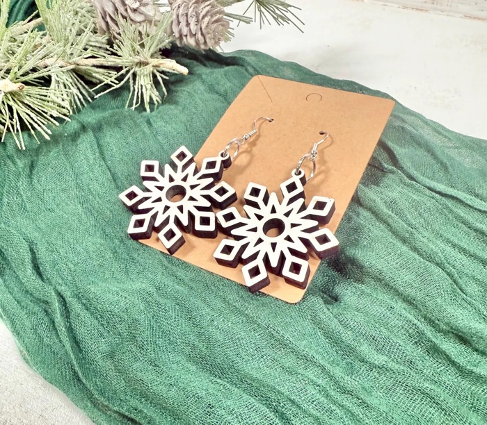 Snowflake Earrings, Holiday Jewelry for Women, Christmas Gift, Wood Jewelry, Christmas Earrings