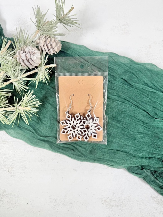 Snowflake Earrings, Holiday Jewelry for Women, Christmas Gift, Wood Jewelry, Christmas Earrings