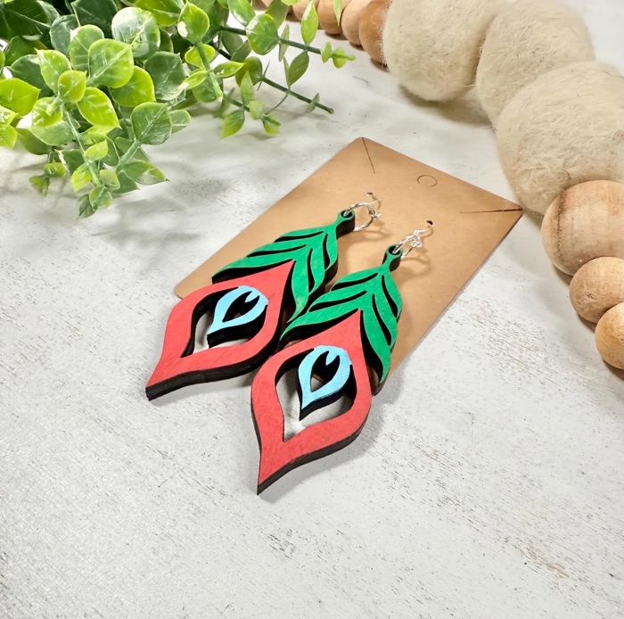 Wooden Peacock Feather Earrings, Dangle Earrings, Gift For Her, Teacher Application Gift, Boho Earrings