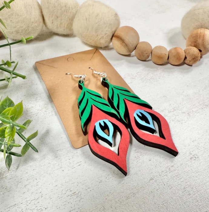 Wooden Peacock Feather Earrings, Dangle Earrings, Gift For Her, Teacher Application Gift, Boho Earrings