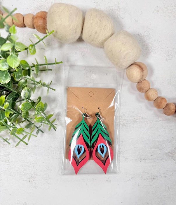 Wooden Peacock Feather Earrings, Dangle Earrings, Gift For Her, Teacher Application Gift, Boho Earrings