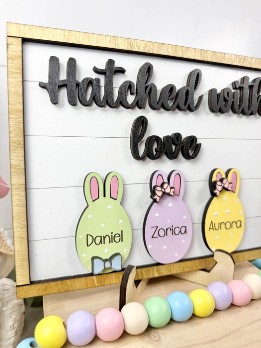 Personalized Family Easter Name Shelf Sitter Signs, Hatched With Love Family Sign, Easter Egg Shelf Sitter Signs, Easter Home Decor