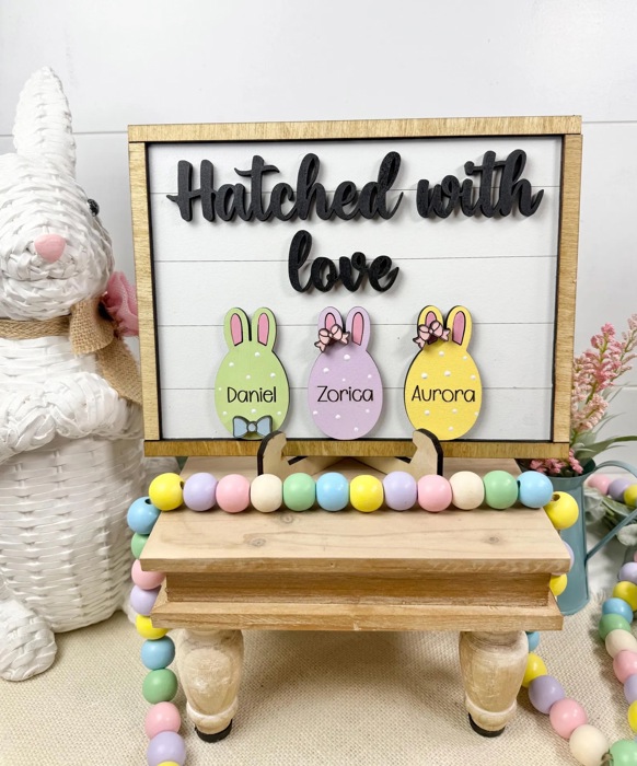 Personalized Family Easter Name Shelf Sitter Signs, Hatched With Love Family Sign, Easter Egg Shelf Sitter Signs, Easter Home Decor