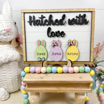 Personalized Family Easter Name Shelf Sitter Signs, Hatched With Love Family Sign, Easter Egg Shelf Sitter Signs, Easter Home Decor