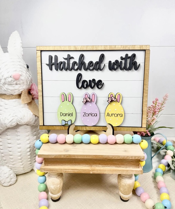 Personalized Family Easter Name Shelf Sitter Signs, Hatched With Love Family Sign, Easter Egg Shelf Sitter Signs, Easter Home Decor