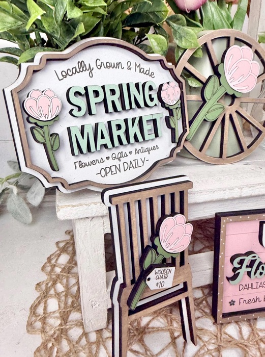 Spring Tier Tray Decor Set | Farmhouse Floral Market Tier Tray | Pink Green Spring Signs | U-Pick Flower Patch Decor