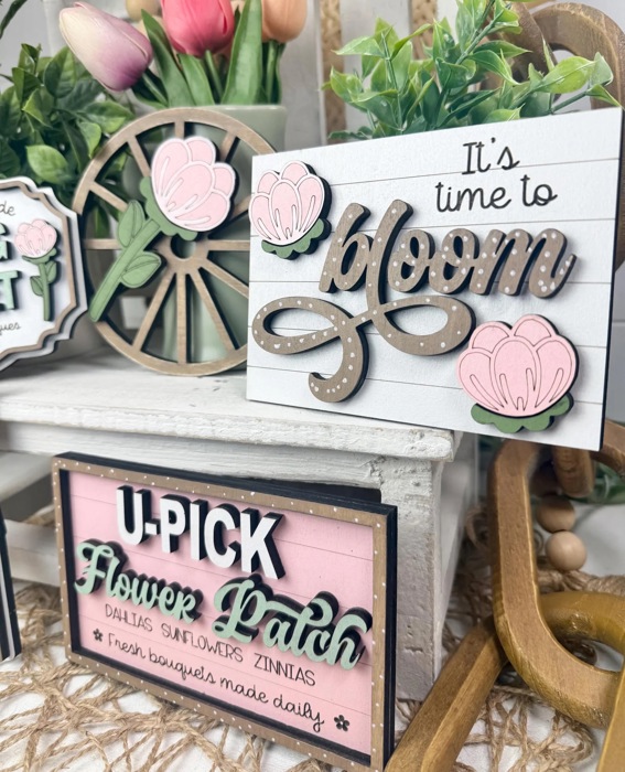 Spring Tier Tray Decor Set | Farmhouse Floral Market Tier Tray | Pink Green Spring Signs | U-Pick Flower Patch Decor
