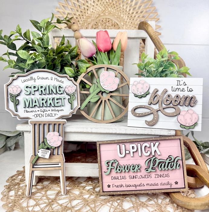 Spring Tier Tray Decor Set | Farmhouse Floral Market Tier Tray | Pink Green Spring Signs | U-Pick Flower Patch Decor