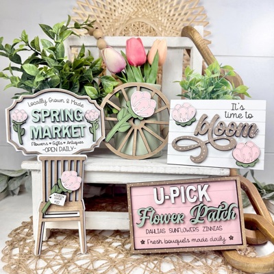 Spring Tier Tray Decor Set | Farmhouse Floral Market Tier Tray | Pink Green Spring Signs | U-Pick Flower Patch Decor