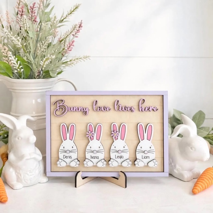 Custom Bunny Family Sign | Personalized Easter Bunny Decor | Spring Farmhouse Sign | Kids Name Bunny Sign