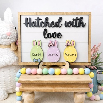 Personalized Family Easter Name Shelf Sitter Signs, Hatched With Love Family Sign, Easter Egg Shelf Sitter Signs, Easter Home Decor