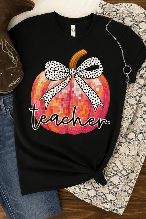 Teacher Pumpkin Tee — Fall Graphic Shirt with Bow