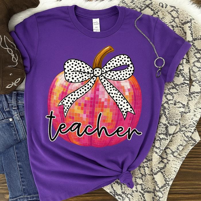 Teacher Pumpkin Tee — Fall Graphic Shirt with Bow