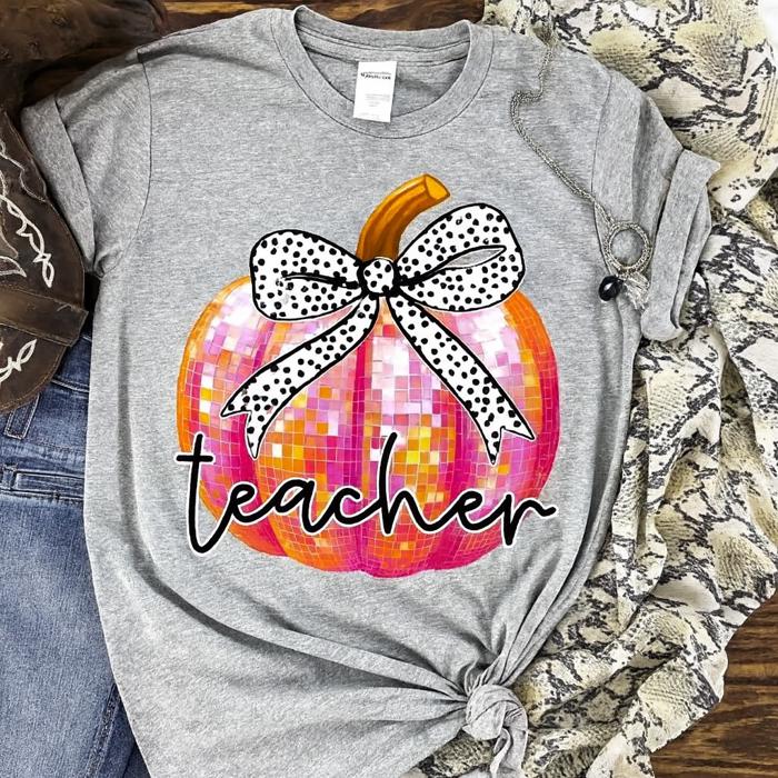 Teacher Pumpkin Tee — Fall Graphic Shirt with Bow