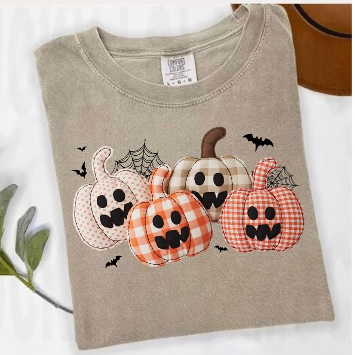 Faux Patchwork Pumpkin Tee - Trendy Fall Halloween Graphic