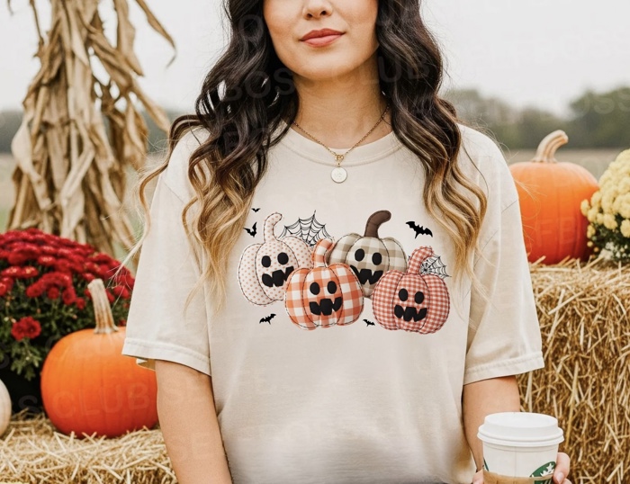 Faux Patchwork Pumpkin Tee - Trendy Fall Halloween Graphic