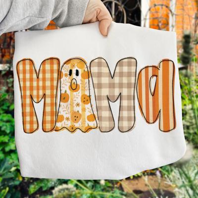 Faux Patchwork “MAMA” Tee – Fall & Halloween Graphic