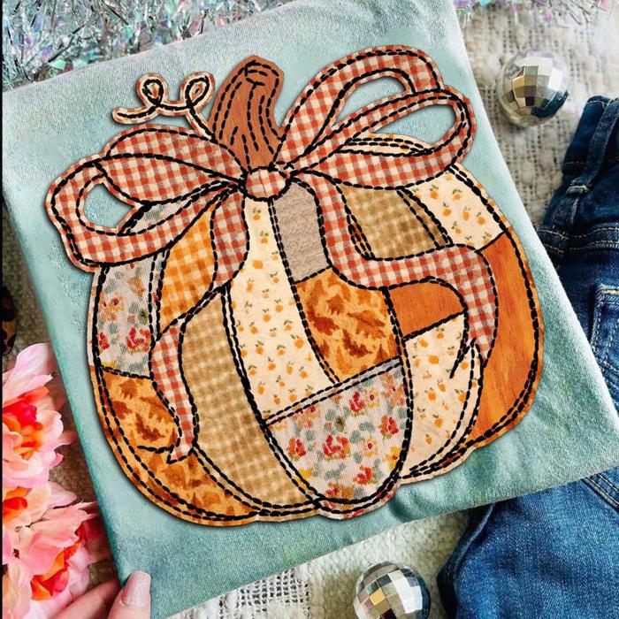 Faux Patchwork Pumpkin Tee – Cozy Fall Graphic Shirt