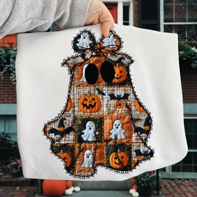 Patchwork Ghost Tee – Cute & Cozy Halloween Shirt