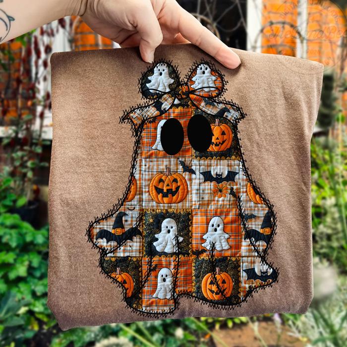 Patchwork Ghost Tee – Cute & Cozy Halloween Shirt