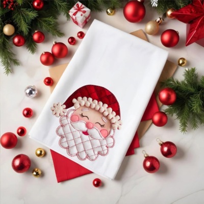 Faux Patchwork Santa Christmas Tea Towel | Holiday Kitchen Decor