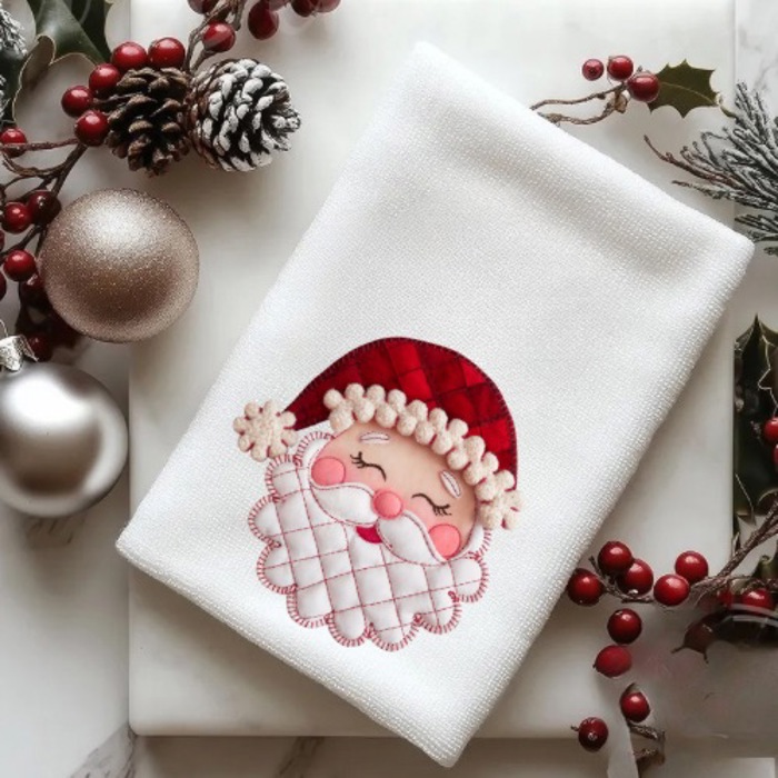 Faux Patchwork Santa Christmas Tea Towel | Holiday Kitchen Decor