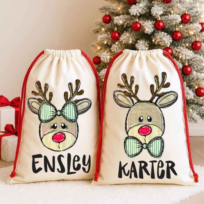 Personalized Reindeer Santa Sack – Custom Christmas Gift Bag for Kids